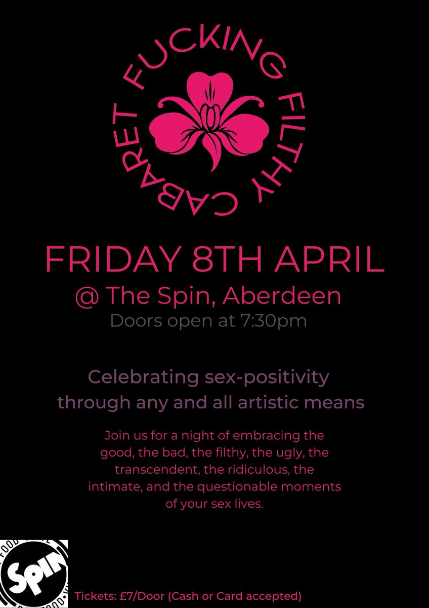 Mark your calendars Aberdeen folks or anywhere near there! On April 8th we are bringing our filthy good time to The Spin! We've got poetry, drag, and pole dancing! Plus a raffle! Can't wait to see you there!