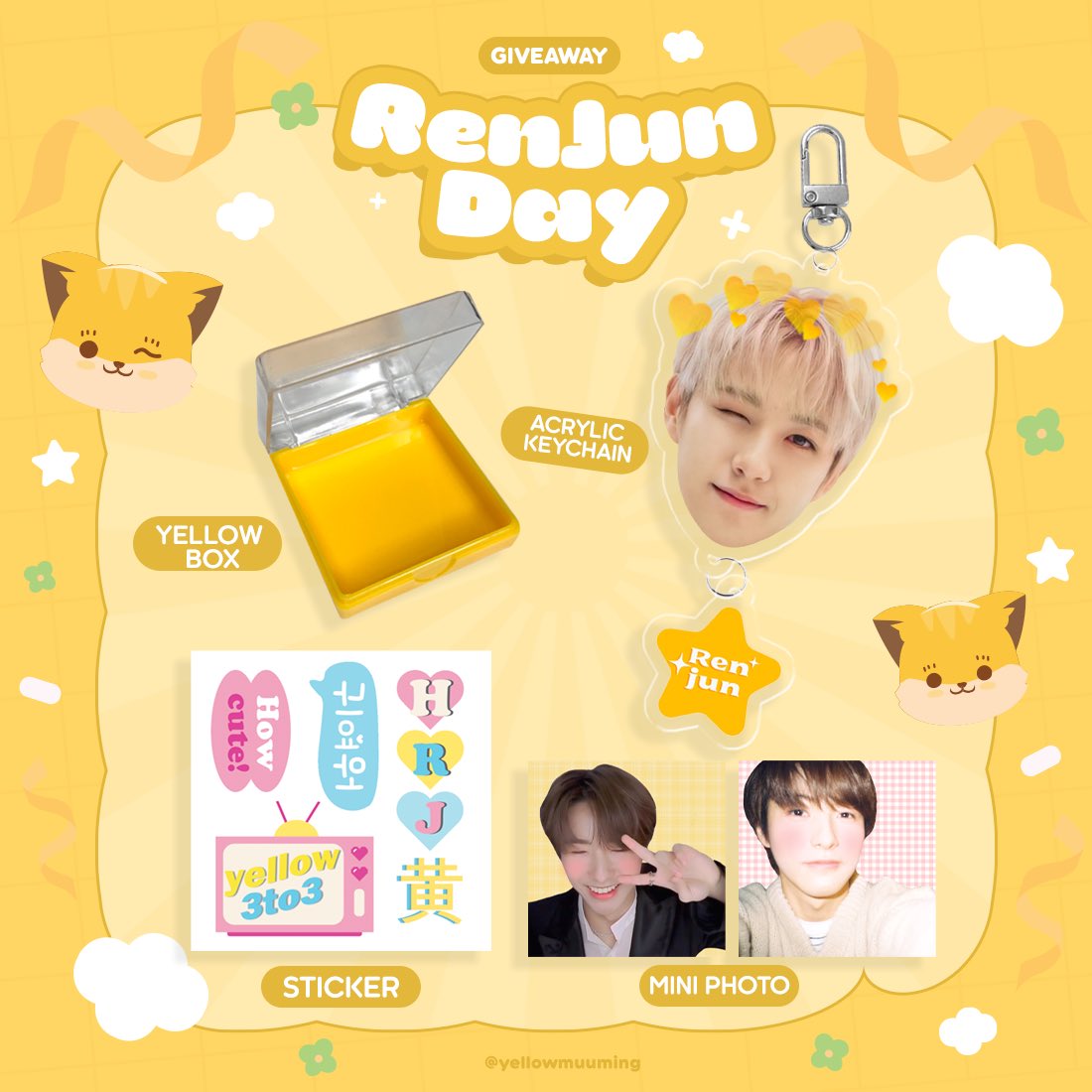 pls rt 𓂃𓈒

giveaway 
 -  𝗳𝗼𝗿 𝗿𝗲𝗻𝗷𝘂𝗻’𝘀 𝗯𝗶𝗿𝘁𝗵𝗱𝗮𝘆

◟ 💛 50 sets 
yellow box
acrylic keychain
sticker 
mini photo

form : 26/03 (20:23)
shipping 15.-

#HAPPYRENJUNDAY
#RENJUN #เหรินจวิ้น