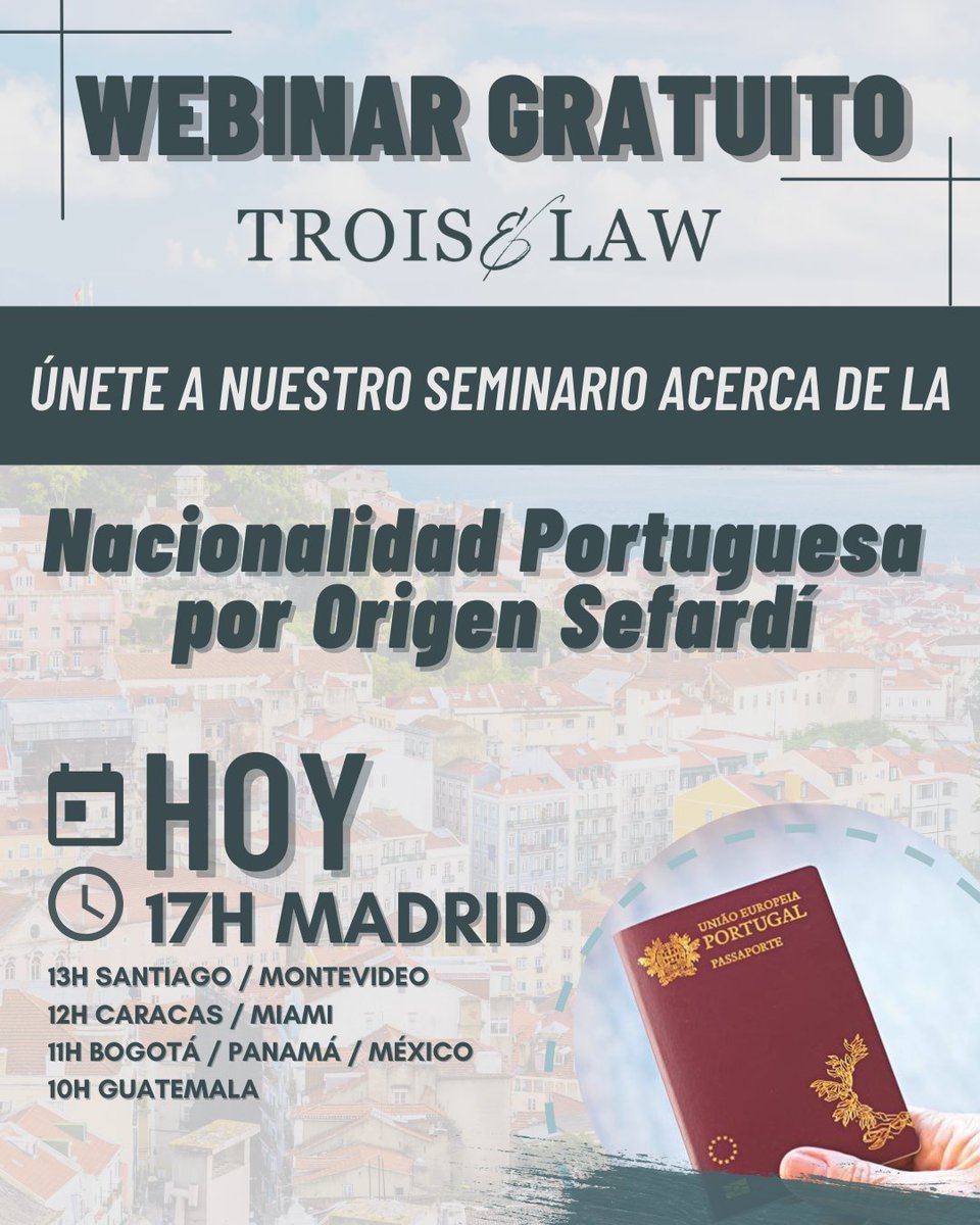 Únete a nuestro #WebinarGratuito acerca de la Nacionalidad Portuguesa por Origen Sefardí el día de HOY por Zoom. 

Regístrate aquí: 
us06web.zoom.us/webinar/regist…