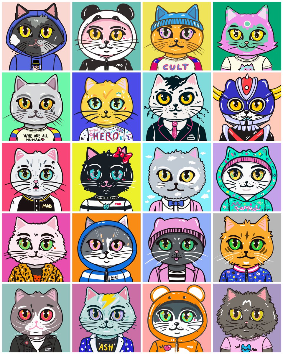 We are the 
"Mad Cat Cult " collection.
💥
Check out some of the latest available members 😎.
All different and carefully hand drawn with a really funky colorful style 😀.
opensea.io/collection/mad…
💥
0.02 Eth to 0.05 Eth 
#NFTCollection #nftcommunity #NFTartist #