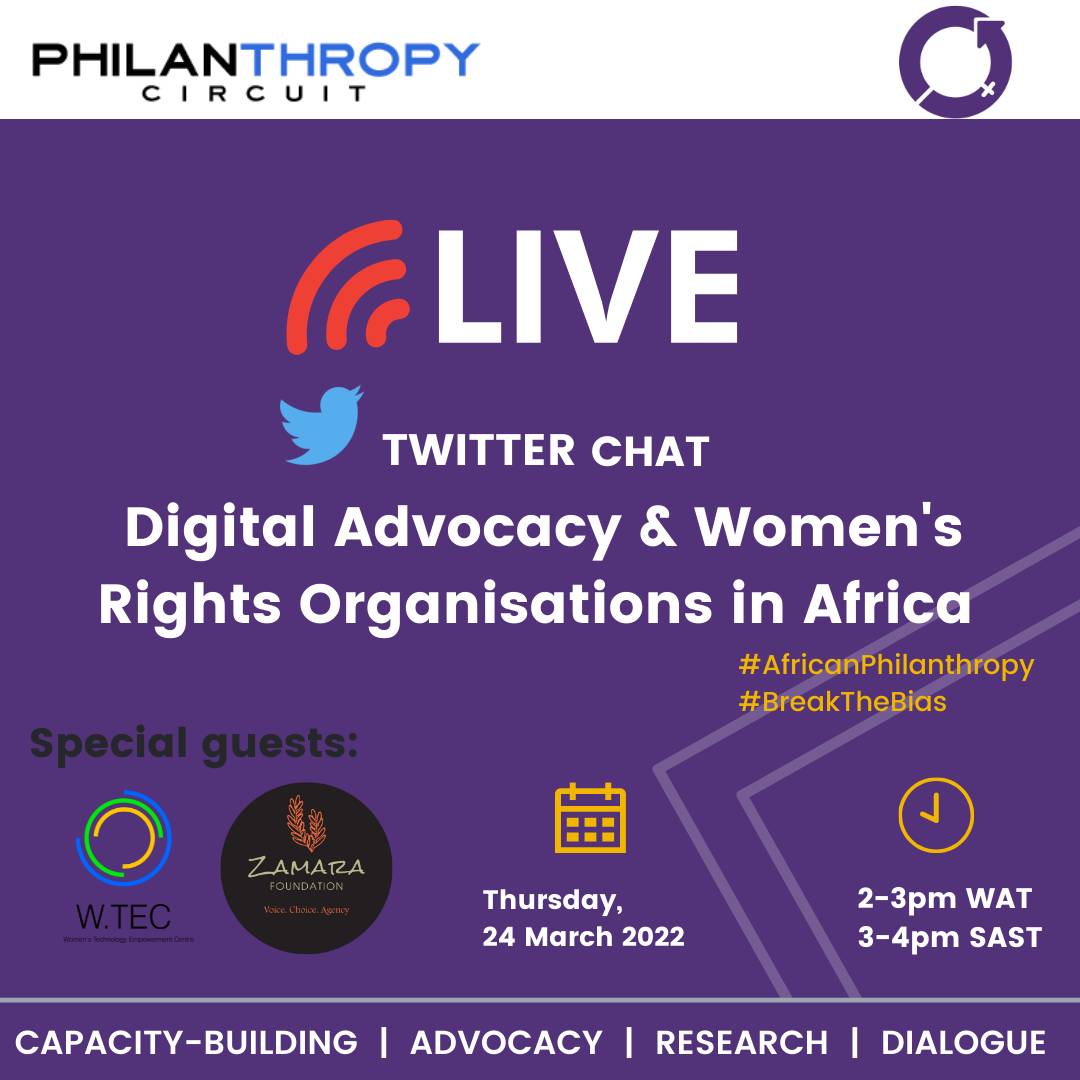 CircuitEditor's tweet photo. What would you like to know about  #Digital Advocacy ans #WomensRights Organisations in Africa? 

Join Philanthropy Circuit's Live #TwitterChat conversation this Thursday with  @zamara_fdn &amp; @wteconline  24/03
⏳1 pm WAT /3pm EAT

#AfricanPhilanthropy #BreakTheBias #IWD2022 https://t.co/o9Immc9fmF