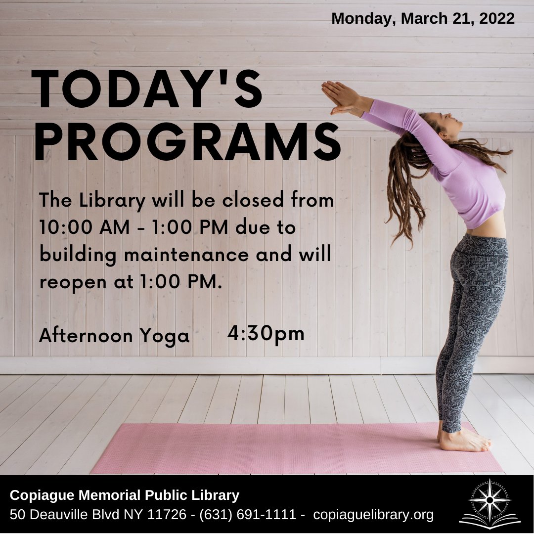 CopiagueLibrary's tweet image. Don&apos;t miss today&apos;s program!
copiaguelibrary.org

#Yoga #Copiaguelibrary #CopiagueLibraryprograms #Exercise #adultprograms #CopiagueNY