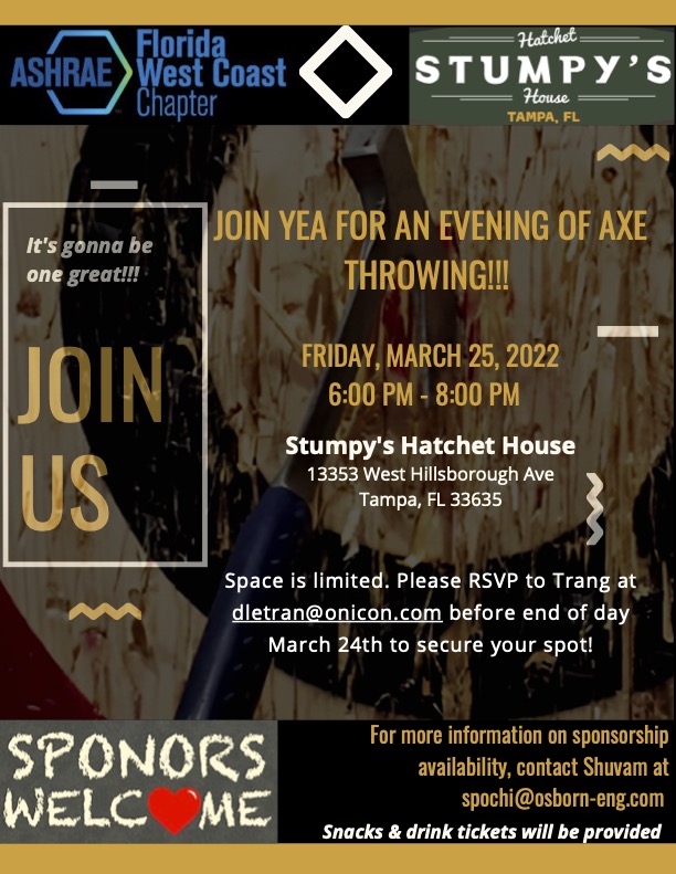 YEA will be hosting a FREE evening of Axe Throwing 3/25 from 6:00pm to 8:00pm at Stumpy's Hatchet House.  Free drink tickets and snacks to all attendees!

RSVP Trang at dletran@onicon.com 
Available sponsorship contact Shuvam at spochi@osborn-eng.com.