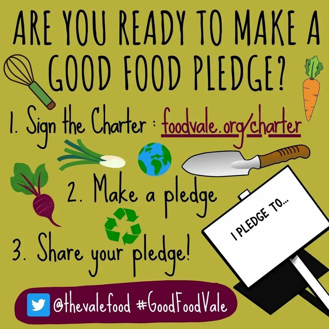 We’re inviting you to make a #GoodFoodVale pledge. 
So whether you want to reduce #foodwaste, eat more fruit &amp; veg or get involved with a local food project, let us know! 🍏🥕🍽️♻️🌱🌎 
Head to buff.ly/36soxcP to sign the charter and make a pledge.