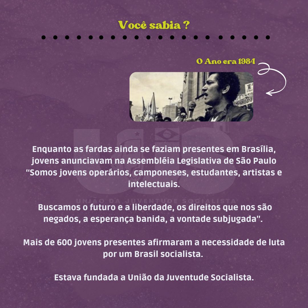 Ujsmaricarj's tweet photo. Hoje daremos início ao nosso quadro “Você sabia?”. Estaremos postando semanalmente, tudo sobre a UJS e se você não sabe! A União da Juventude Socialista foi fundada em 1984. 

Fonte: https://t.co/scTAy0vlKS. https://t.co/q7iOatqkMj