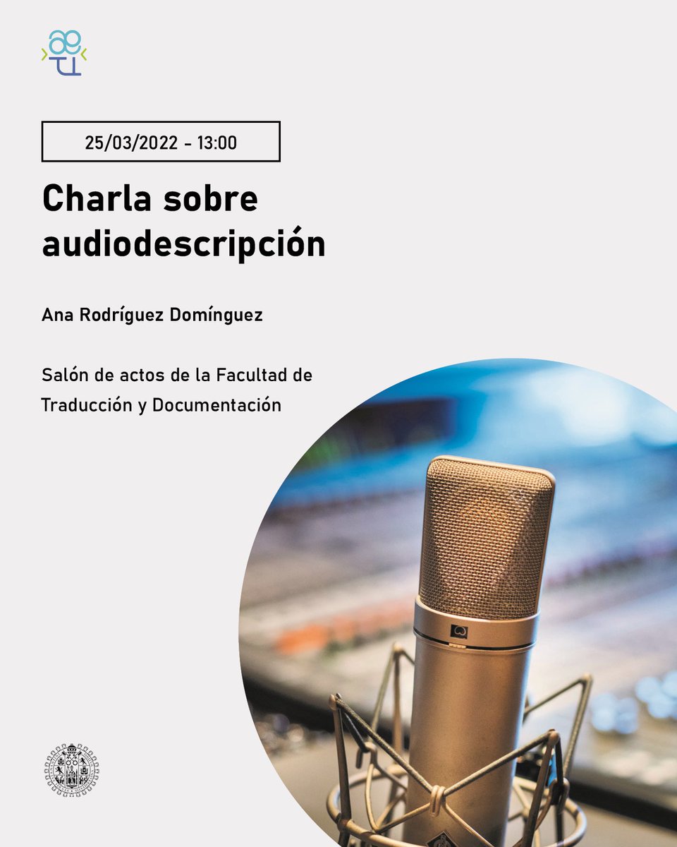 🌻NUEVA ACTIVIDAD🌻

La vocalía de la USAL nos trae esta interesantísima charla sobre audiodescripción de la mano de Ana Rodríguez🌸 ¿Os lo vais a perder? 🤩🥳 

📆25/03/2022
⏰13:00
📍Aula 2, Facultad de Traducción y Documentación, USAL 

Inscripciones👉🏻 aetioficial.es/es/eventos/
