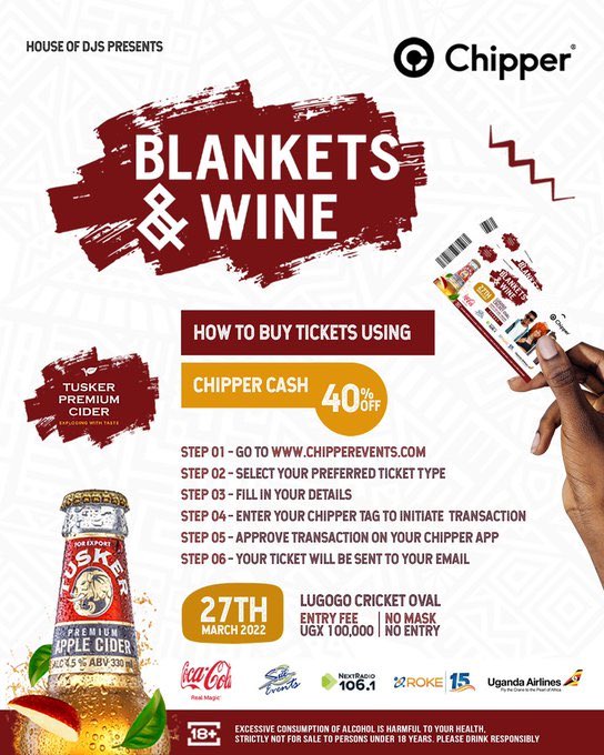 StormLegacy92's tweet photo. Did you know you can buy your ticket with @chippercashapp at 40% discount? Hurry while the offer still lasts. #BlanketsAndWineXTusker https://t.co/T0UdTqjSGr