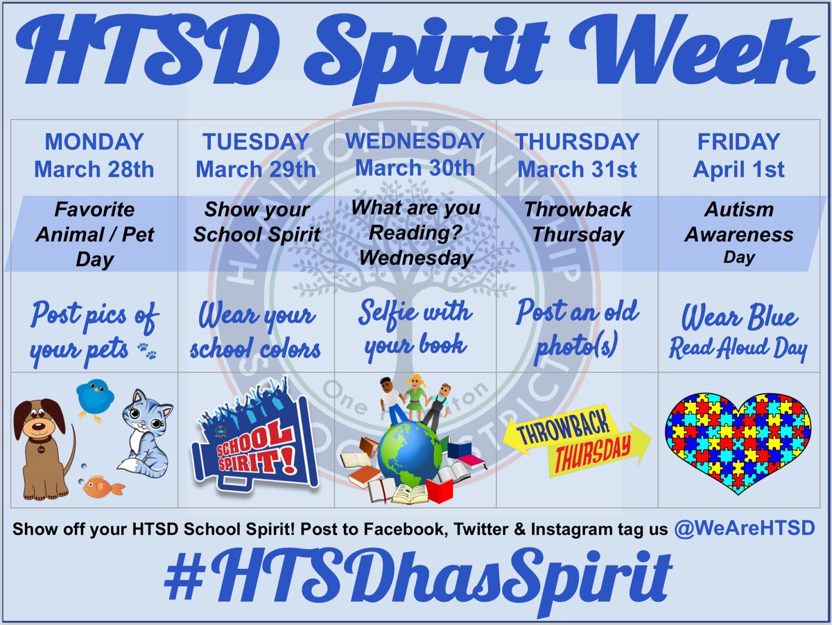 📣 Next Week <a href="/WeAreHTSD/">WeAreHTSD</a> 🔹Spirit Week!🔹

Join us Monday ➡️ Friday 📘 
TAG us <a href="/WeAreHTSD/">WeAreHTSD</a> 
Wear BLUE on Friday, April 1st 👕

<a href="/ScottRRocco/">Scott Rocco, Ed.D.</a> <a href="/HTSDSecondary/">Jim Altobello</a> <a href="/HTSDCurriculum/">Hamilton Twp. C&I</a> <a href="/HTSD_HR/">@HTSD_HR</a> <a href="/HTSD_Tech/">HTSD Technology Department</a> <a href="/oboylejf/">Jim O'Boyle</a> <a href="/LauraGeltch/">Laura Geltch</a> <a href="/HamiltonTwpNJ/">Hamilton Township NJ</a> 
#HTSD #HTSDPride #HTSDhasSpirit