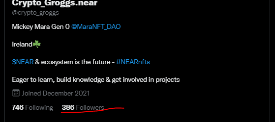 groggs_ie's tweet photo. Ok 386 followers - Im a gonna get to 400 today, mark my words!
Just gotta grind like it's a WL spot!😅
#twittergrind #NFTs #nearNFTs https://t.co/oUuMhq6GsH