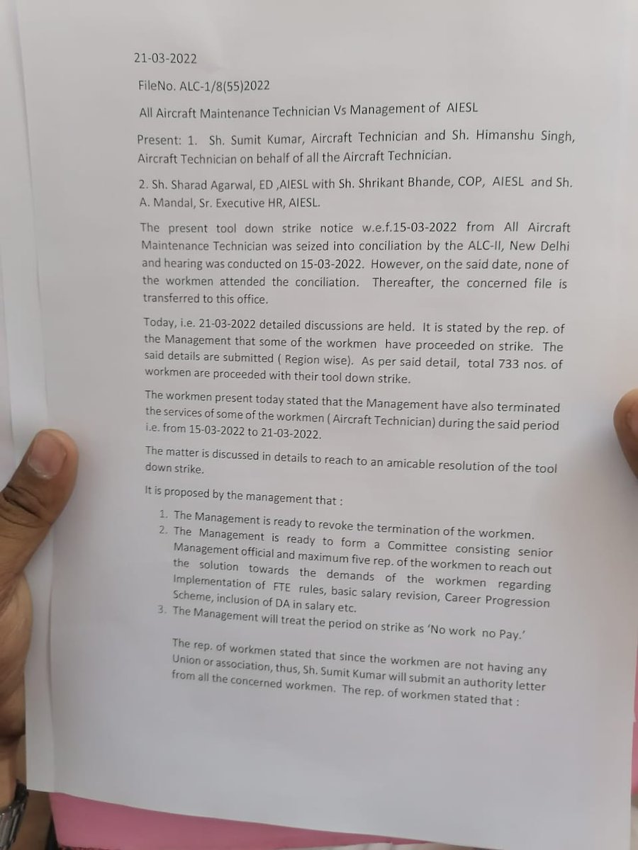 MAG4AME's tweet photo. AIESL technicians met honorable minister @JM_Scindia today, thereafter in ALC meeting FTE technicians decided to call off strike. 
AIESL management will fulfill all 4 demands within next 3months, all termination will be taken back.
Congratulations to all AIESL Technicians. https://t.co/4kMQM5hpRb