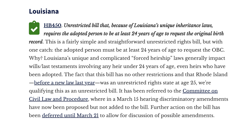 adopteelaw's tweet photo. Hearing this morning at 9am on Louisiana HB450, which is currently a good bill but has discriminatory amendments hanging over it. It's in the House Civil Law and Procedure Committee. https://t.co/daR1kSUfqo