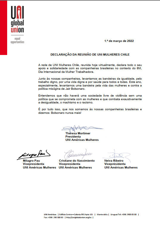 🇧🇷🇨🇱A rede de UNI Mulheres Chile levantamos as bandeiras da igualdade, pelo trabalho digno, por uma vida digna e por saúde para todxs.

♀️ Este ano, especialmente, levantamos uma bandeira pela vida das mulheres e contra a política misógina de Jair Bolsonaro.