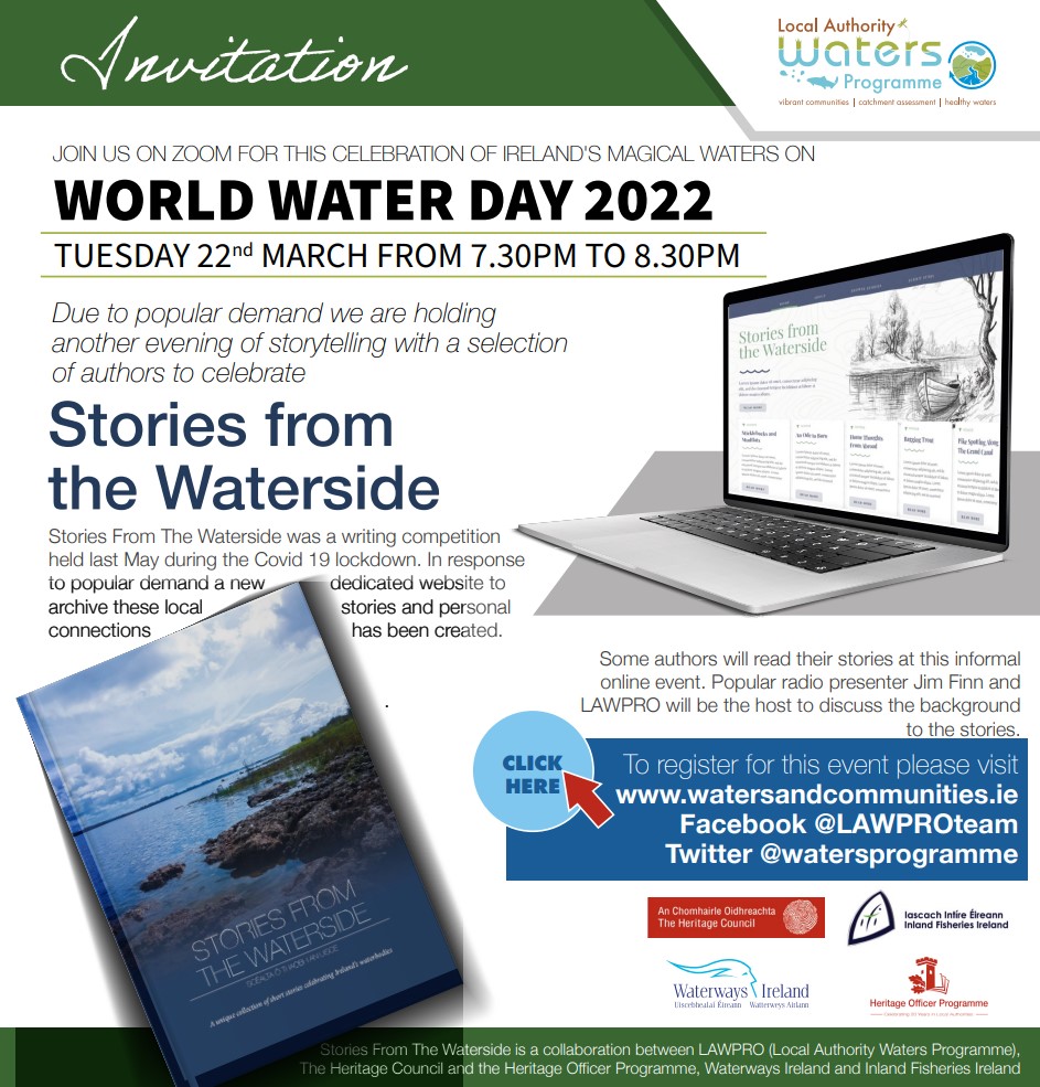 WatersProgramme's tweet photo. Celebrate Ireland's magical natural waters on #WorldWaterDay2022 

7:30pm on 22nd March, join us online with local story writers from across the country, for memories and reflections of time spent at a local river, lake, wetland, or beach. 

Register here https://t.co/QglNOiGyiL https://t.co/RJuqsKundh