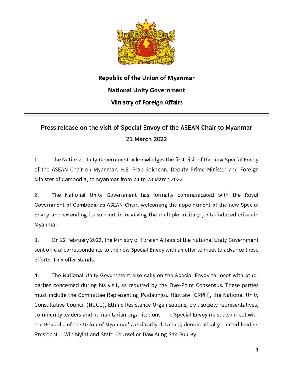 NUGMyanmar's tweet photo. Press release on the visit of Special Envoy of the ASEAN Chair to Myanmar
March 21, 2022 https://t.co/nqitOPVeRv