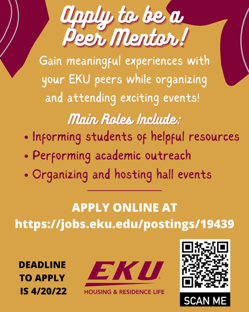 Are you interested in becoming a Peer Mentor? Apply today with the link below or scan the QR code!

jobs.eku.edu/postings/19439