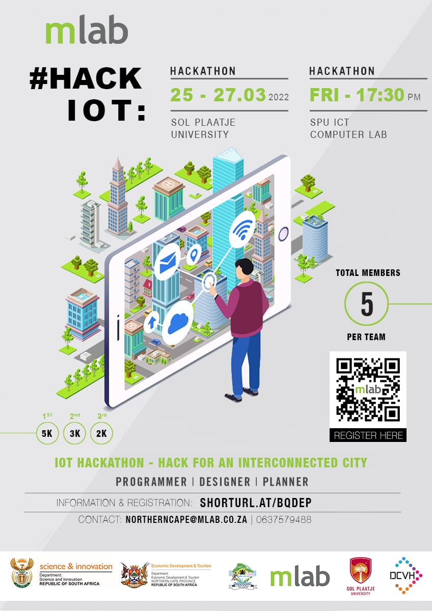 Join the #Hack IoT this coming weekend. Submit your digital innovation.
<a href="/mlabsa/">mLab</a> <a href="/MySPU/">Sol Plaatje Univ.</a> <a href="/BongoHive/">BongoHive</a>