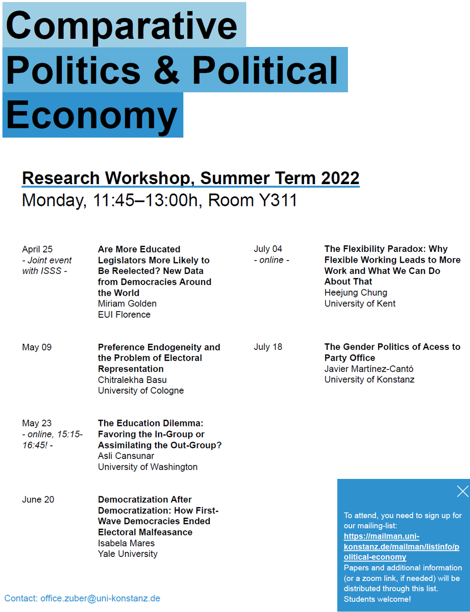 We have assembled a terrific line-up for our #comparativepolitics & #politicaleconomy series for the summer term. Looking forward to talks by 
@mgoldenProf @chitbazoo @aslicansunar @isabelaanda @HeejungChung and our own @javiermcanto. Thanks for organizing it #christinazuber!