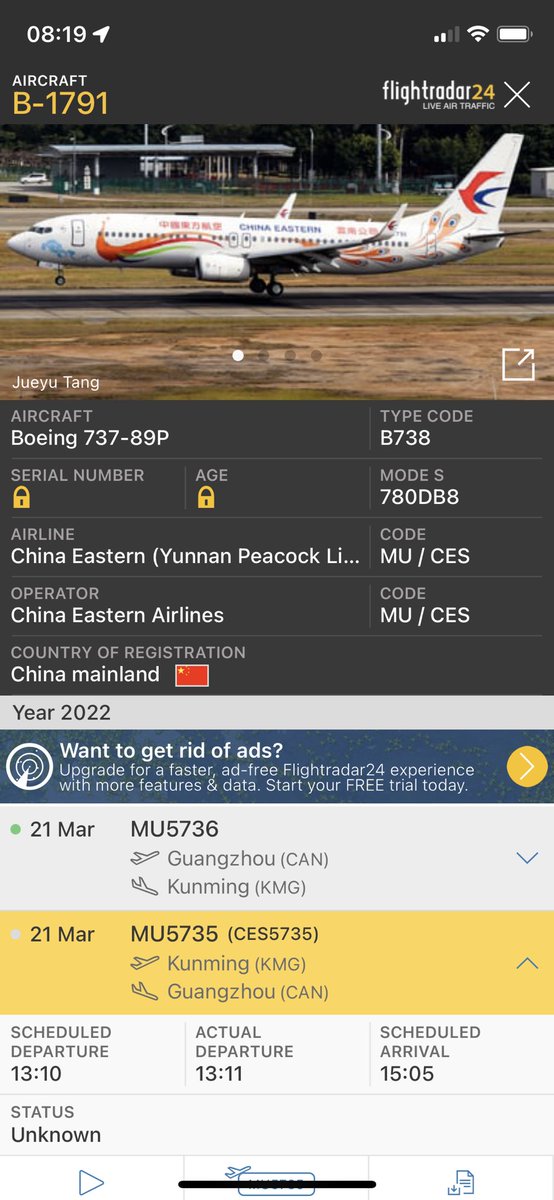 AviationAPB's tweet photo. There are reports circulating that a China Eastern Airlines Boeing 737-800 has crashed. B-1791 was en route from to Kunming to Guangzhou. https://t.co/PvukEViS1n