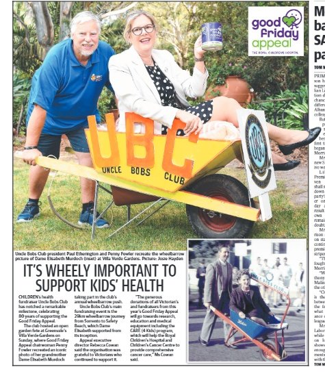 ubcvic's tweet photo. Did you see UBC in today's Herald Sun? At yesterday's Open Garden Fete at Villa Verde President Paul Etherington &amp; @GoodFriAppeal chair Penny Fowler recreated the classic 📷 of Penny's grandmother Dame Elisabeth Murdoch in the wheelbarrow #ubcvic #ubcgfa #UBCOpenGarden #ubcgfa22 https://t.co/o8mlncIlZK