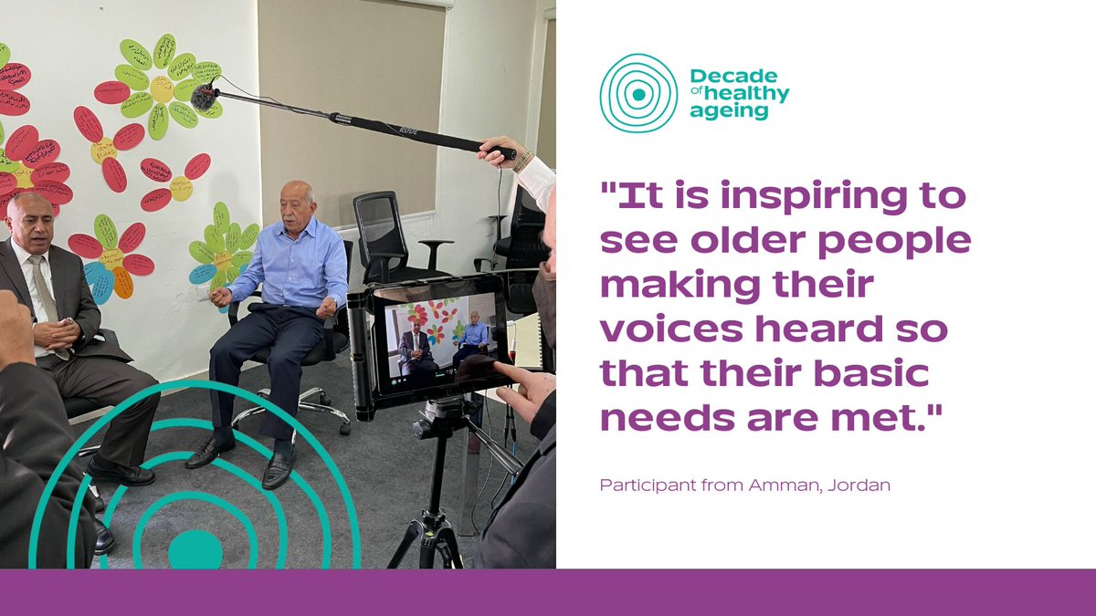 Banner containing a photo and quote from a participant from Amman, Jordan in WHO's VOICE participatory video project for the UN Decade of Healthy Ageing. Quote: "It is inspiring to see older people making their voices heard so that their basic needs are met."