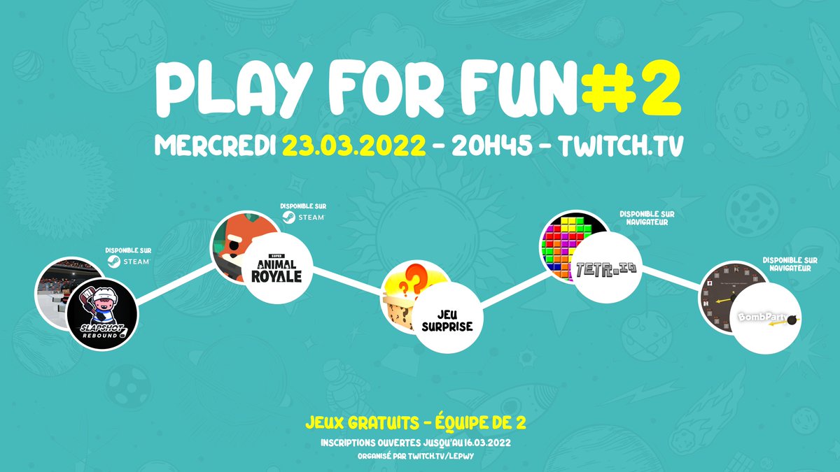 Mercredi soir, à partir de 20h30 ce sera le #PlayForFun sur #SlapshotRebound #SuperAnimalRoyale #Tetrio #BombParty et un jeu surprise. ➡️Tournoi casté sur twitch.tv/lepwy ! ⬅️