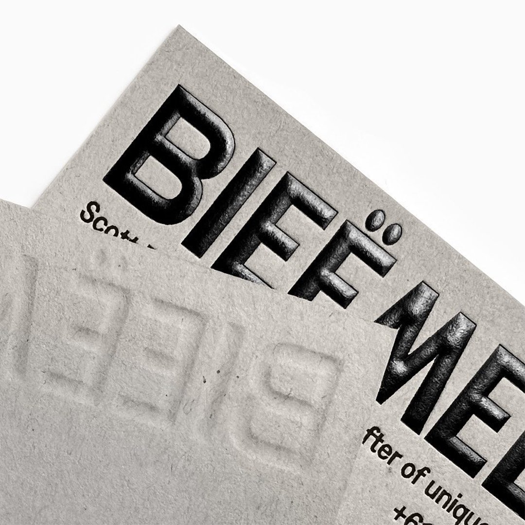Crisp foil emboss on Neenah Environment Concrete for Bieëmele's business cards. Designed by Studio Sly, printed by <a href="/JotPaperCo/">Jot Press</a>.
