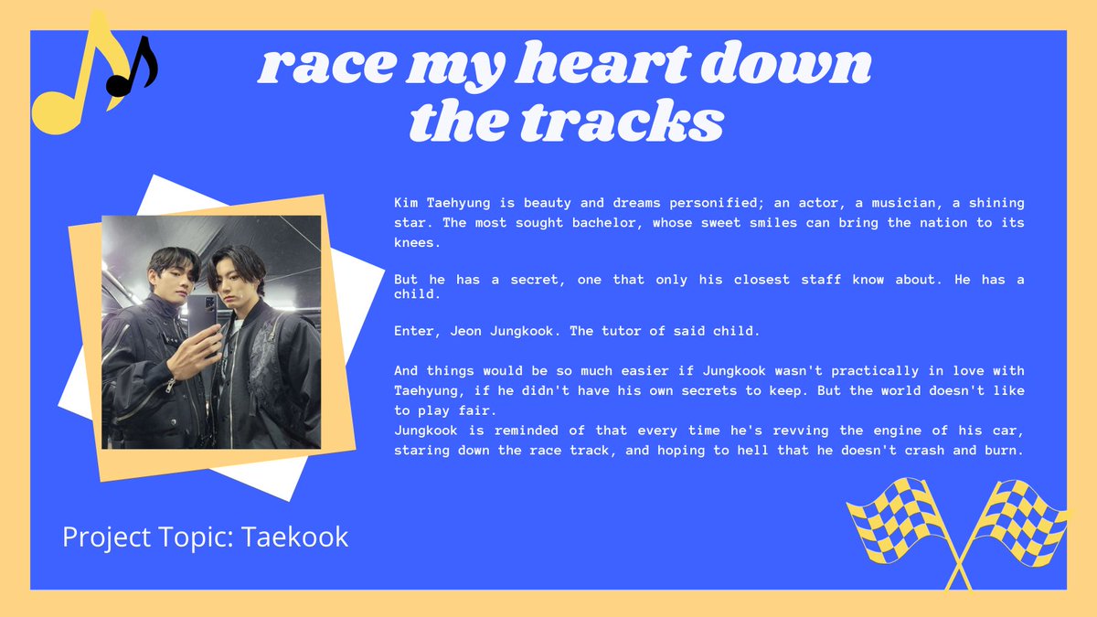 📚 race my heart down the tracks 📚

📁 Mature 
🏫 #TAEKOOK || 44k

‼️ minor character death
✂️ Tutoring AU
✂️ Actor Taehyung x Street Racer Jungkook
✂️ Single parent Taehyung, slow burn, flirting

🖇️ archiveofourown.org/works/37550020…