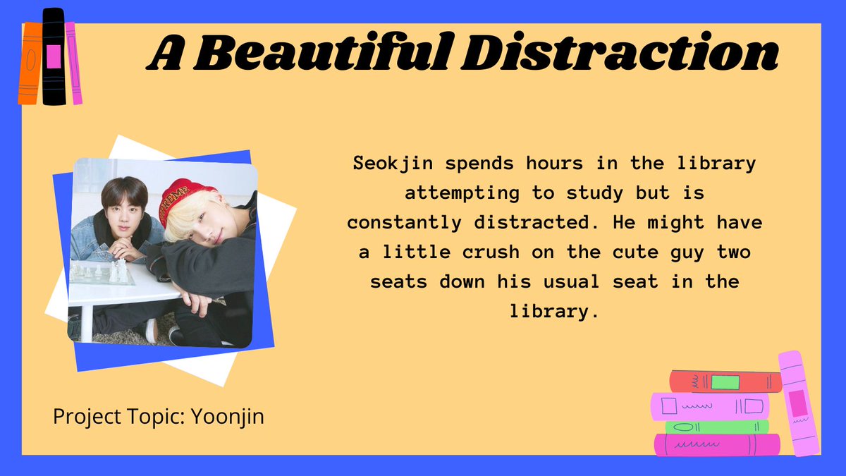 📚 A Beautiful Distraction 📚

📁 Teen and Up Audiences
🏫 #YOONJIN || 2k

✂️ Library AU
✂️ Strangers to lovers
✂️ Daydreaming, studying, flirting tease Yoongi

🖇️ archiveofourown.org/works/37546489