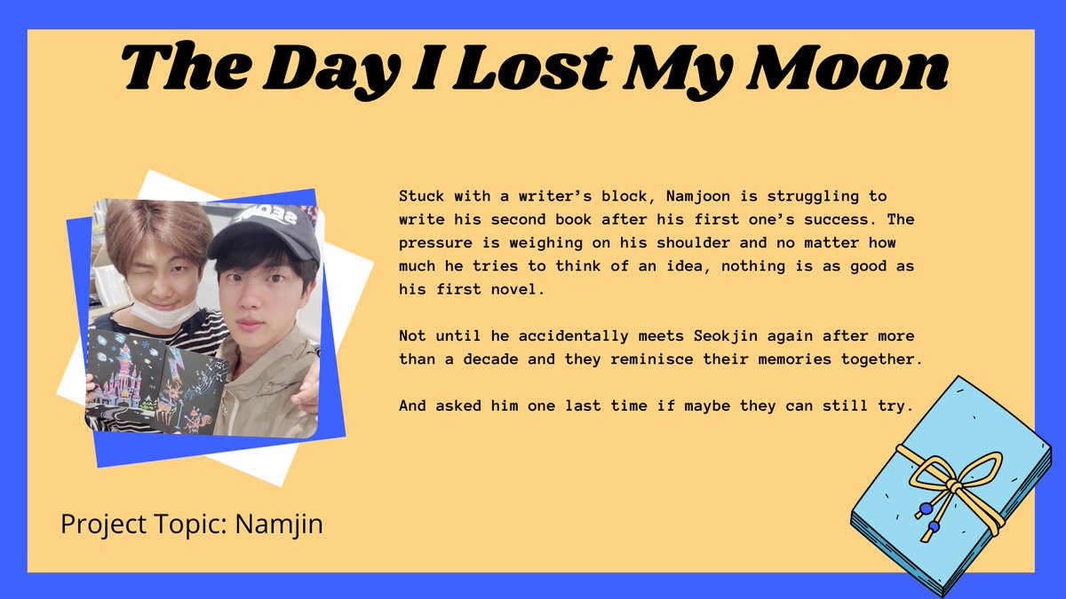 📚 The Day I Lost My Moon 📚

📁 Not Rated
🏫 #NAMJIN || 5k

✂️ Coffee shop AU
✂️ High school, friendship, writer Namjoon 
✂️ Unrequited love, open ending

🖇️ archiveofourown.org/works/37675354