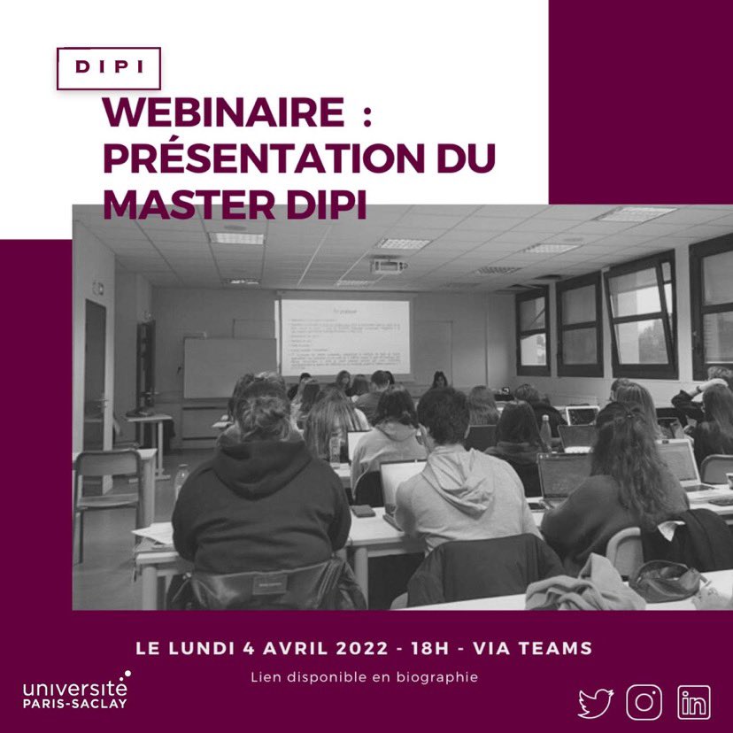 M2DIPI's tweet photo. Save the date !!!
Webinaire de présentation du Master 2 DIPI le 4 avril 2022 à 18h. 
Venez découvrir l’une des 4 formations en propriété intellectuelle de l’@UnivParisSaclay !
Le lien sera également disponible en bio : https://t.co/jMGowE6euX https://t.co/8fyLRqH6cl