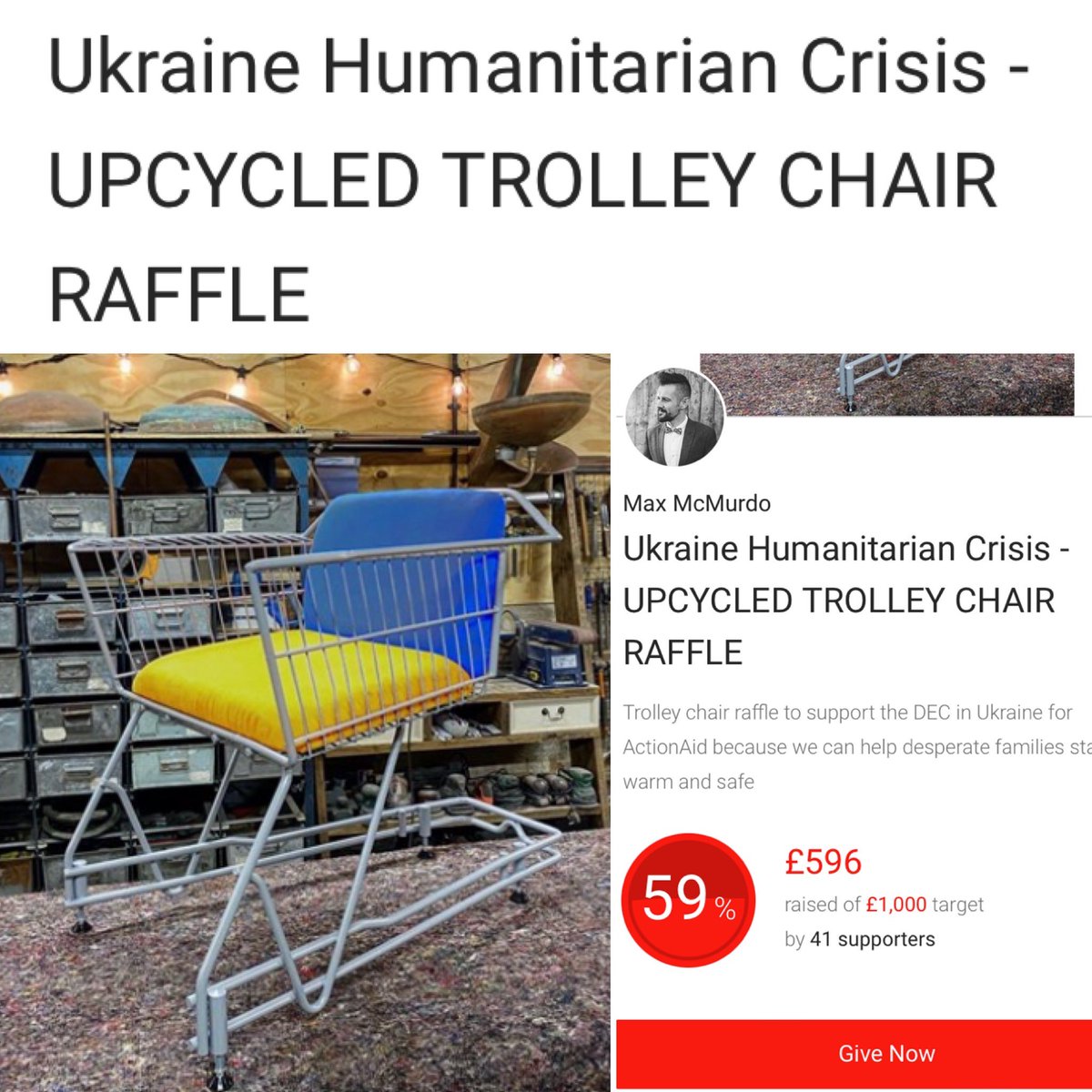 maxreestore's tweet photo. Thank you so much for all of your support already 🙏🏼

The raffle will be drawn this Friday 25th March 2022 at midday to see who wins this Ukrainian flag inspired upcycled shopping trolley chair 🇺🇦

Please feel free to share - I’d absolutely love to hit the target of 1000 pounds! https://t.co/3TfolSeq3h