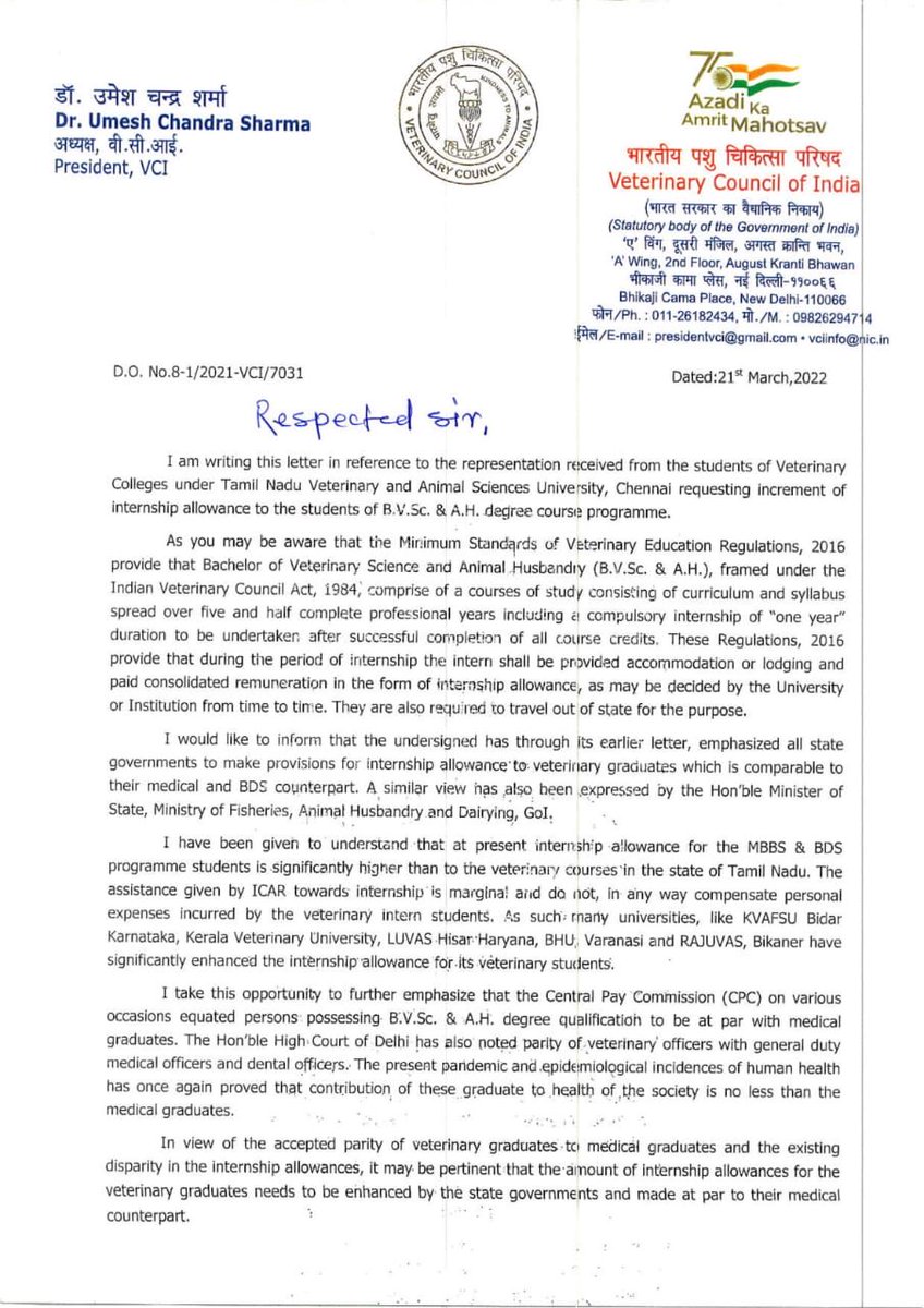 presidentVCI's tweet photo. Hon'ble CM Sir,
Kindly consider to increase internship allowance of budding Vets of your State. 
Parity with medical as per  court directives will boost moral of vets.⁦@mkstalin⁩ https://t.co/YXjJiKTbhH