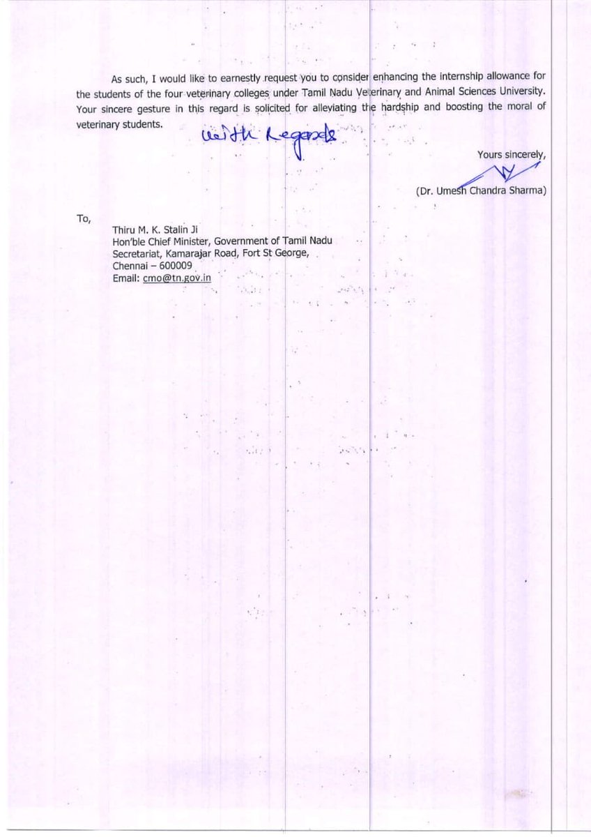 presidentVCI's tweet photo. Hon'ble CM Sir,
Kindly consider to increase internship allowance of budding Vets of your State. 
Parity with medical as per  court directives will boost moral of vets.⁦@mkstalin⁩ https://t.co/YXjJiKTbhH