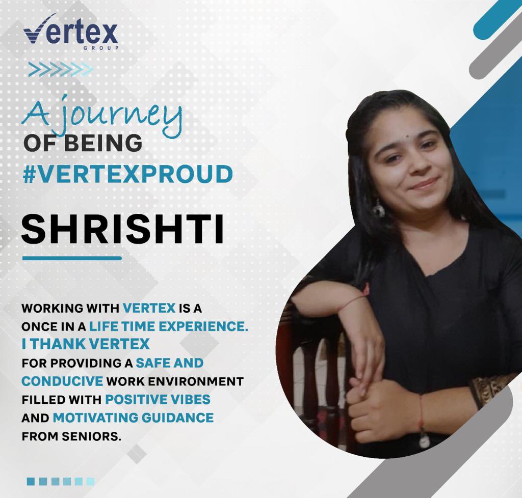 At Vertex we spread Awesomeness through a supportive and inclusive work environment.
 
Here's Shrishti expressing her journey of 3 awesome months with Vertex Group.
 
Together we are #unstoppables 

#work #environment  #awesomeness #supportiveculture #inclusiveculture #culture