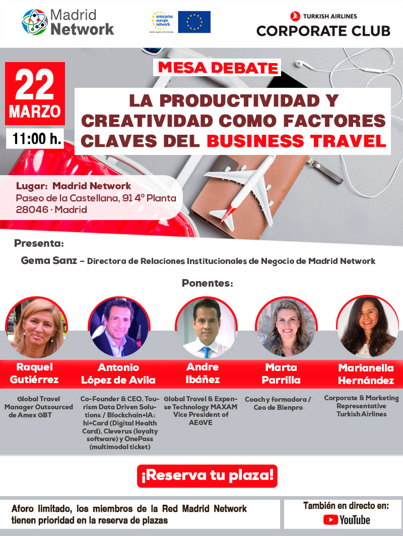 MadridNetwork's tweet photo. Se incorpora @TurkishAirlines a la mesa debate: La productividad y creatividad como factores claves del Business Travel
📅 Martes 22 de marzo - 11 h.
Inscríbete - Plazas limitadas >>
https://t.co/lNnN0s0Rye
@gemasanzs @amexgbt @aegve_ #bienpro @tourismdatadriven https://t.co/kjKuCKcDy2