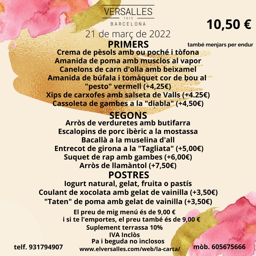 VersallesStAndr's tweet photo. Aquest és el nostre menú d'avui. Enamorats de la nostra feina.
#barversalles #foodversalles #food #foodporn
#menjarbeabarcelona #restaurant #qualityfood
#elversalles #gaudiuelversalles #menudeldia https://t.co/xntDL3a0LA