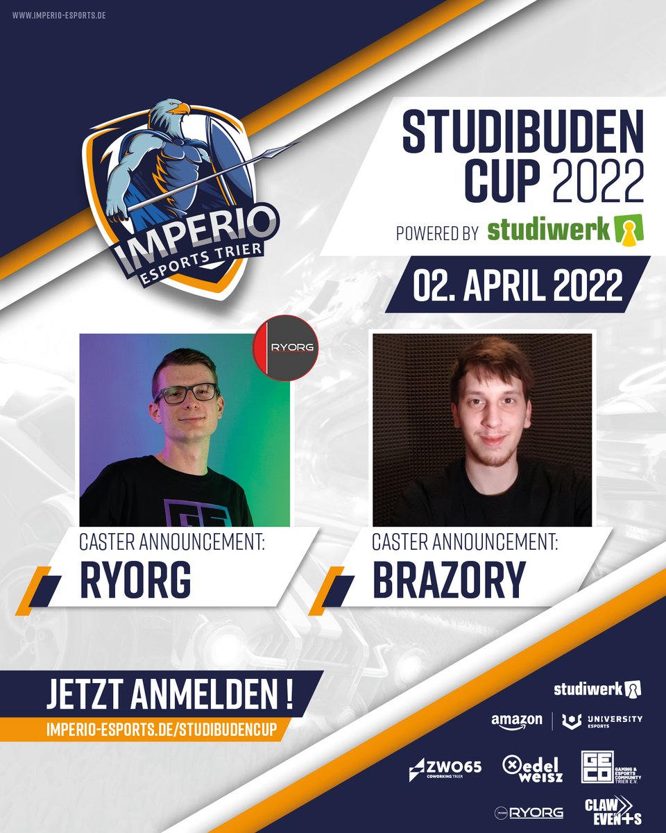 Unsere Caster für den #Studibudencup 2022:
<a href="/twitch_ryorg/">Ryorg</a>  und <a href="/leon_brazory/">Brazory</a> ! 

Diese beiden werden auch am 02.04 durch das Programm führen. Wir freuen uns sehr darauf sie in Aktion zu sehen!

Alle Infos zum Cup findet ihr unter: studibudencup.de