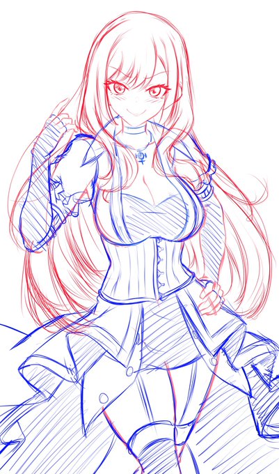 依頼作業分ラフ段階です、マリンちゃんがあるキャラをコスプレしてる。 