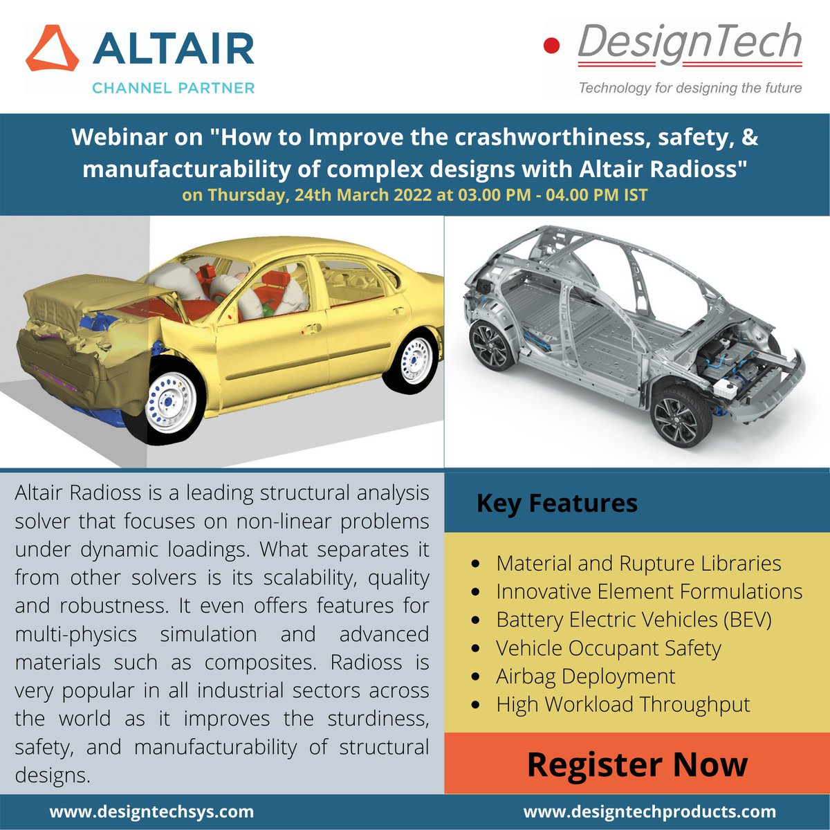 DesignTechSys's tweet photo. Join us for #Webinar on "How to Improve the crashworthiness, safety,& manufacturability of complex designs with Altair Radioss"
Date: Thursday,24 March, 2022
Time: 03:00PM-04:00PM(IST)
Registration Link:
https://t.co/qiQsDv7Xro
#DesignTechSys #Altair #Radioss #structuralanalysis https://t.co/HMiiahUv8i