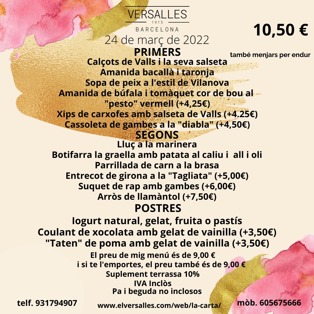 VersallesStAndr's tweet photo. Aquest és el nostre menú d'avui. Enamorats de la nostra feina.
#barversalles #foodversalles #food #foodporn
#menjarbeabarcelona #restaurant #qualityfood
#elversalles #gaudiuelversalles #menudeldia https://t.co/jFcODSCUdT