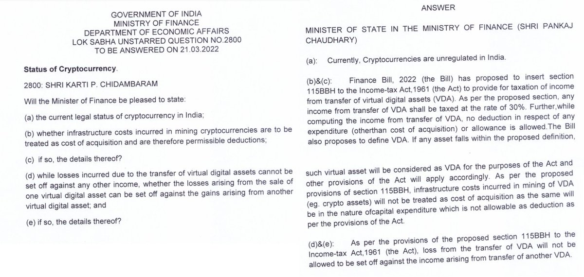 CryptooIndia's tweet photo. JUST IN : 

Cost of acquisition won't include mining infrastructure cost as a deduction, Miners will have to pay flat 30% tax on the Entire Amount.

Loss from trading of one type of crypto pair (ETH/INR) cant be set off against profit from trading another type of crypto (BTC/INR) https://t.co/sJekO3IroQ