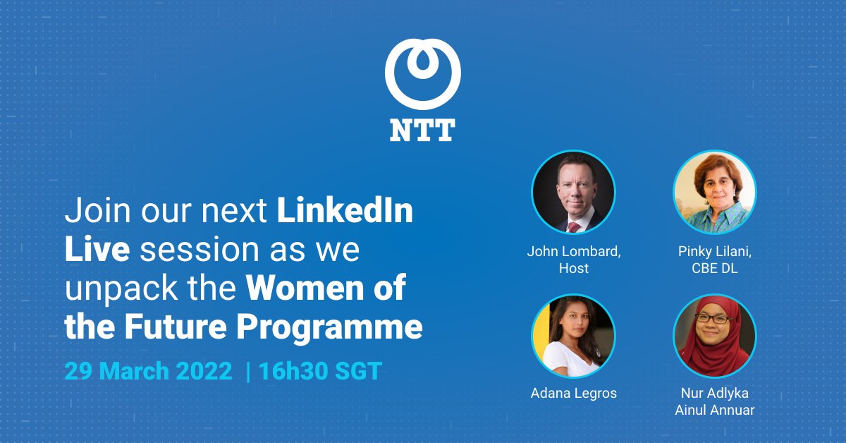 nttdata_inc's tweet photo. Join our next LinkedIn Live session as we discuss the @womenoffuture programme and why share why its important to #BreakTheBias. Join us March 29th at 16h30 SGT.
Click the link to attend https://t.co/KHsbdogSGM #IWD2022 #WOFP https://t.co/lxhNvW61Qz