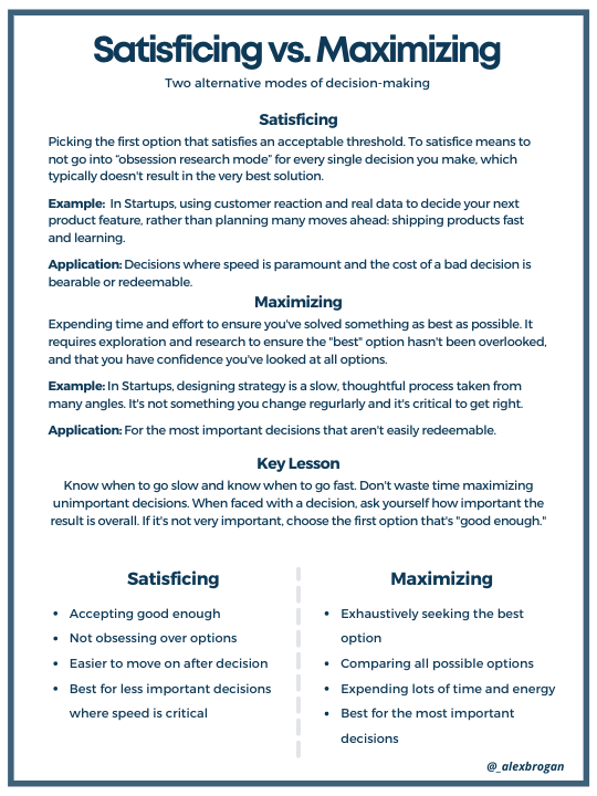 alexbrogan's tweet photo. Satisficing vs. Maximizing.

The two alternative modes of decision-making.

THREAD: https://t.co/g6z5aG2QML