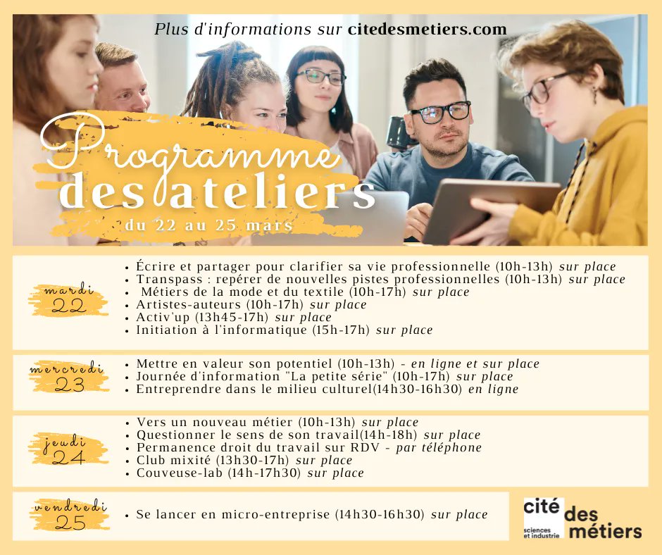 📆 Au programme cette semaine
✔️ conseils sans RDV mardi > vendredi | 10h >18h
✔️ ateliers sur inscription 
✔️ressources documentaires à consulter ou à emprunter
Infos, contact, inscriptions : buff.ly/2ZnQ5JP
<a href="/bibliothequeBSI/">Bibliothèque - Cité des sciences et de l'industrie</a> @activ_action <a href="/CLARACAE/">CAE CLARA & CLARAbis</a>