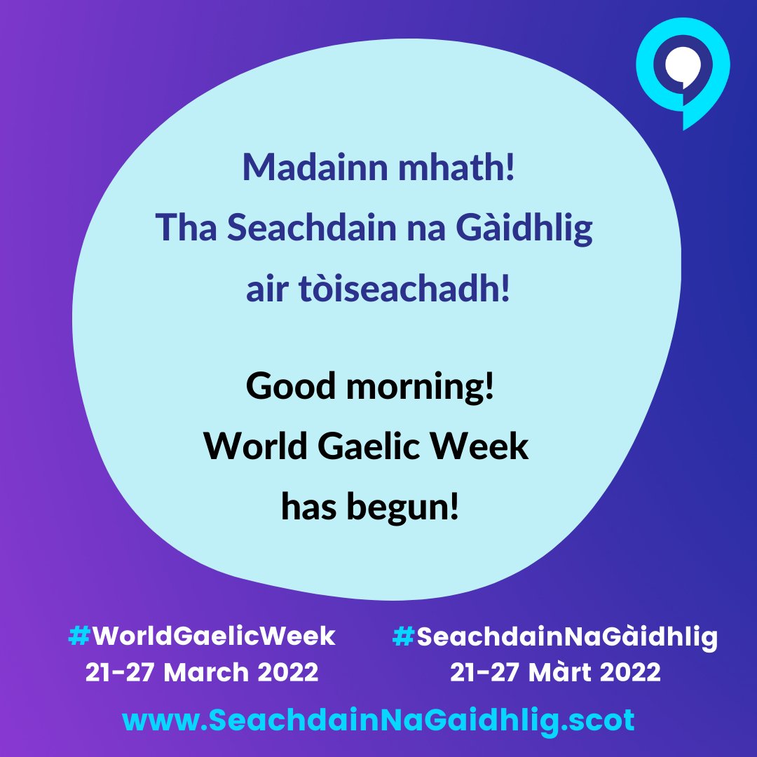 sngaidhlig's tweet photo. Mu dheireadh thall, seo agaibh a' chiad Seachdain na Gàidhlig!

Welcome to the first-ever World Gaelic Week!

#SeachdainNaGàidhlig #WorldGaelicWeek #Gaelic #Gàidhlig #Cleachdi https://t.co/YnbA9jKvTI