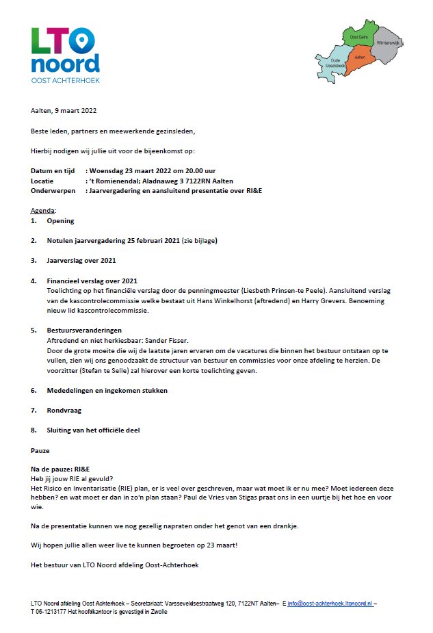 Op 23 maart a.s. houden wij onze ALV bij 't Romienendal in Aalten met aansluitend een presentatie over de RI&amp;E.