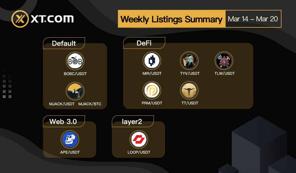 #XTexchange Launch List Review 🚀

✅BOBC/USDT
✅MJACK/USDT
✅MJACK/BTC
✅MIR/USDT
✅PRM/USDT
✅TYV/USDT
✅TT/USDT
✅TLW/USDT
✅APE/USDT
✅LOOP/USDT

Trade them on XT.com:
xt.com/tradePro/xt_us…