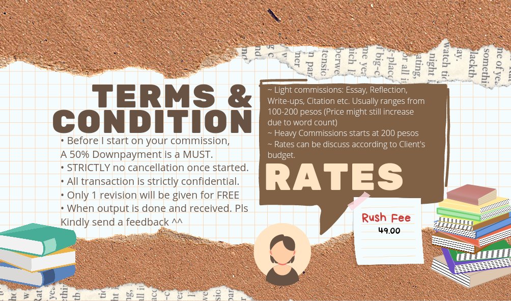 ❗Re-branding &amp; Service Update🤎
(∩｀-´)⊃━☆ﾟ.* Hello there!
    •Life as a student can be stressful. And we certainly know that having piles of backlogs is exhausting and draining. Sometimes a little help is what you need.
#AcadCommission
I'm ate! A trusted Acad helper!