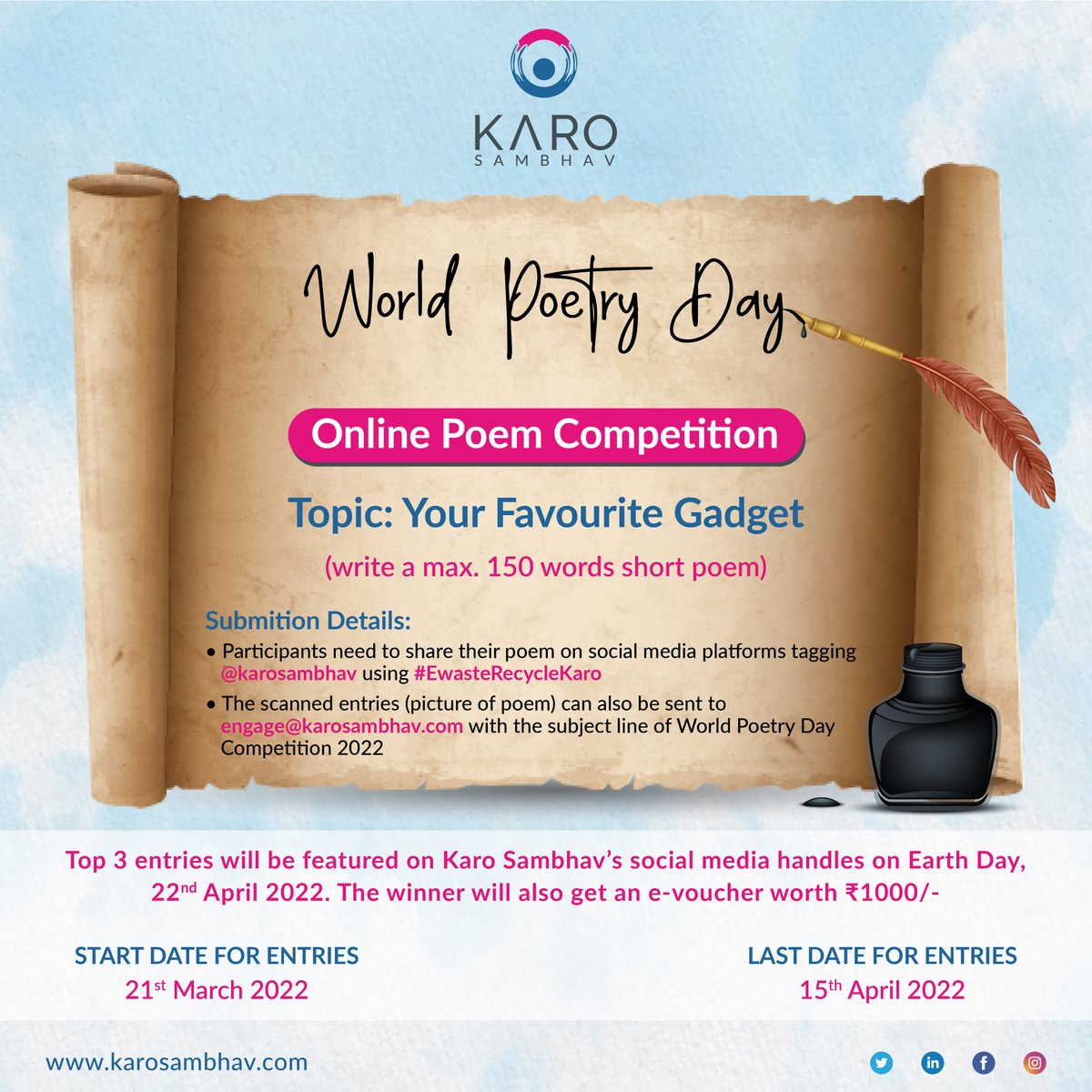 karosambhav's tweet photo. This World Poetry Day, we are happy to announce a fun poetry competition for you! Pen down your thoughts in the form of a short poem (max. 150 words) on the given topic and send it to us by the 15th April 2022. 

#worldpoetryday #poetrycompetition #competition #funpoetry https://t.co/sW9AAzuR6v