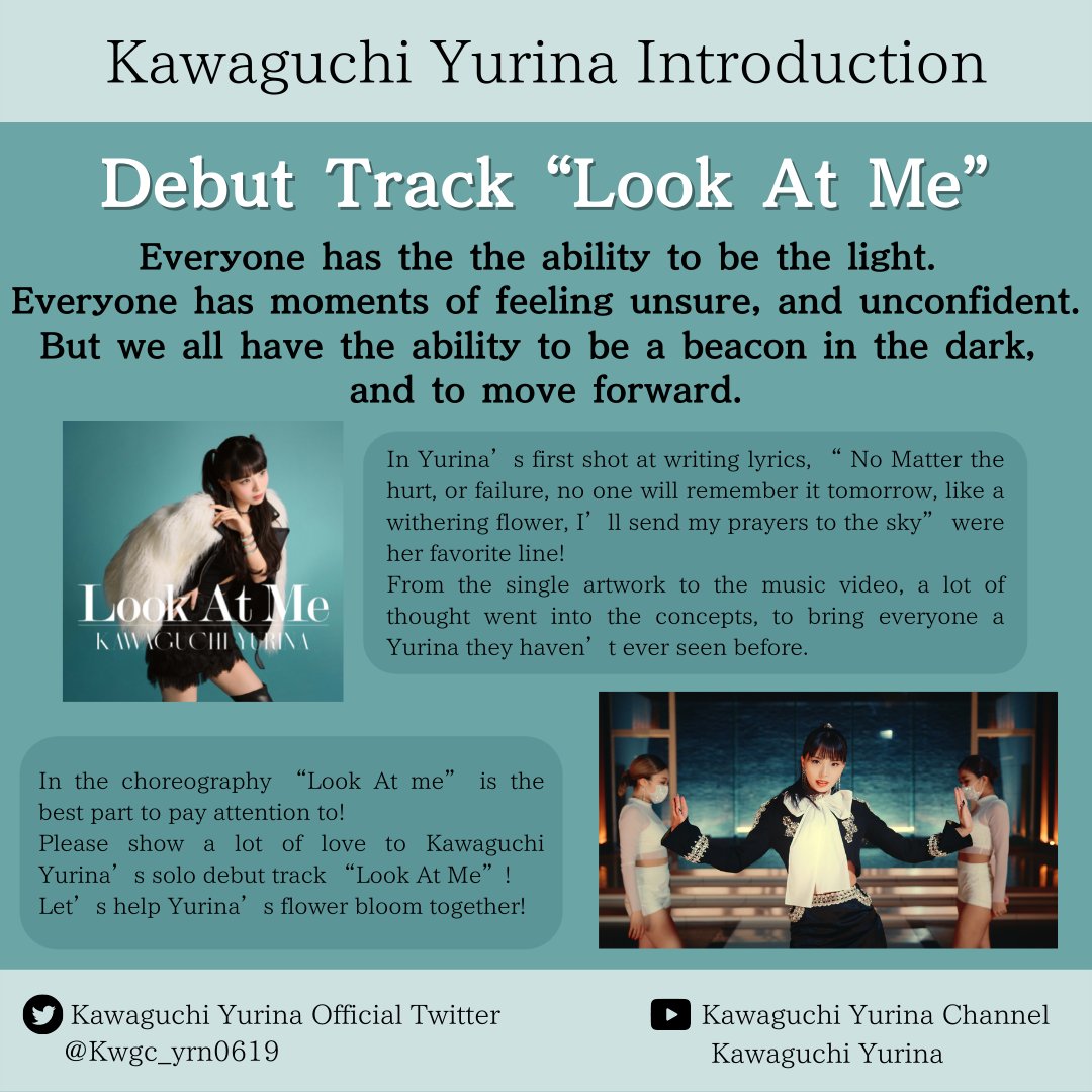 umusicjapan's tweet photo. KawaguchiYurina debuted today! We will introduce the #charm_of_Yurina 💎

Let's make Yurina's flowers bloom beautifully together✨

"Look At Me"  MV
🔗https://t.co/JUTQm2YCmu

Streaming
🔗https://t.co/0PFkH3dKdn

#Yurina #川口ゆりな 
#카와구치유리나 #川口百合凪 #LookAtMe https://t.co/cdjiBe0UrM